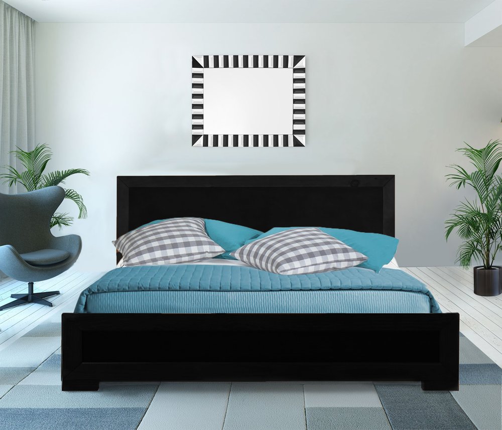 Brown Inlaid Panels Solid Wood Queen Bed Frame