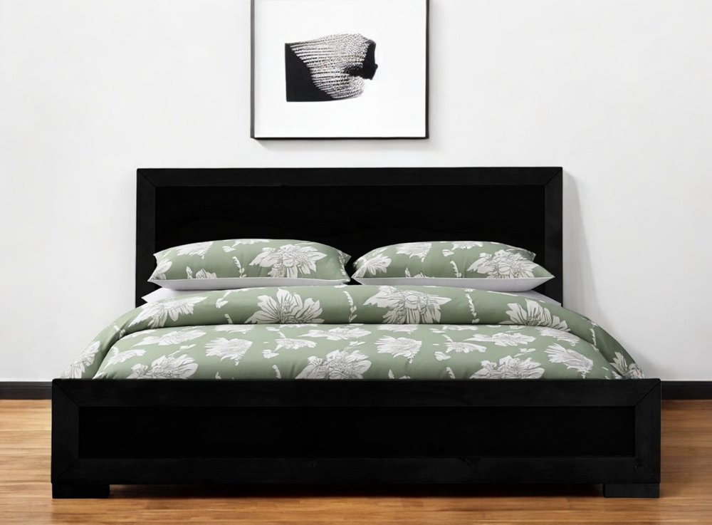 Black Inlaid Panels Solid Wood Queen Bed Frame