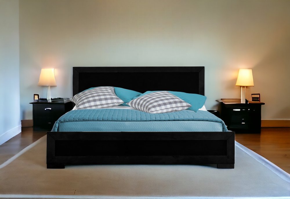 Brown Inlaid Panels Solid Wood Queen Bed Frame