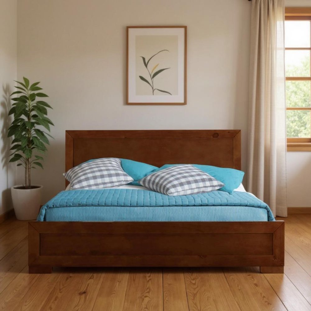 Brown Inlaid Panels Solid Wood Queen Bed Frame