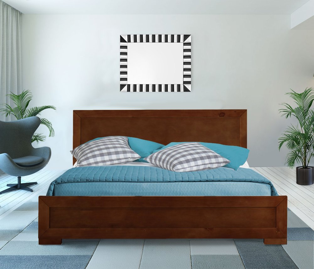 Brown Inlaid Panels Solid Wood Queen Bed Frame