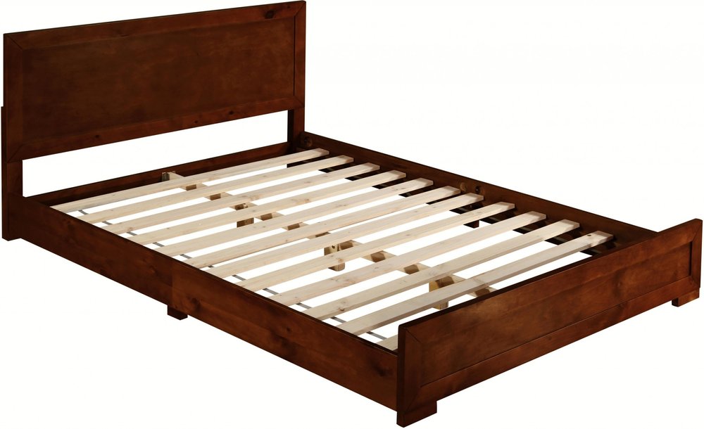 Brown Inlaid Panels Solid Wood Queen Bed Frame
