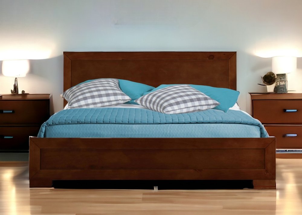 Brown Inlaid Panels Solid Wood Queen Bed Frame