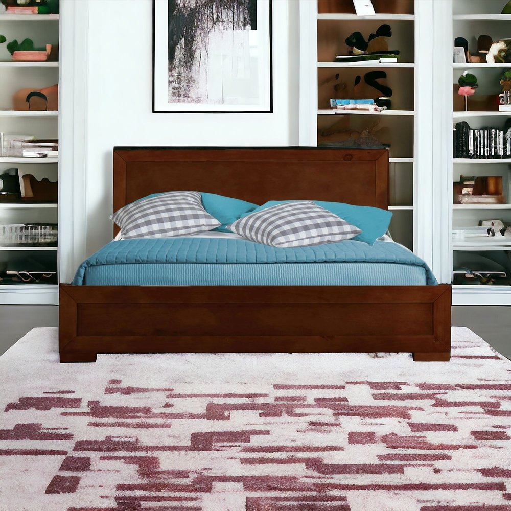 Brown Inlaid Panels Solid Wood Queen Bed Frame