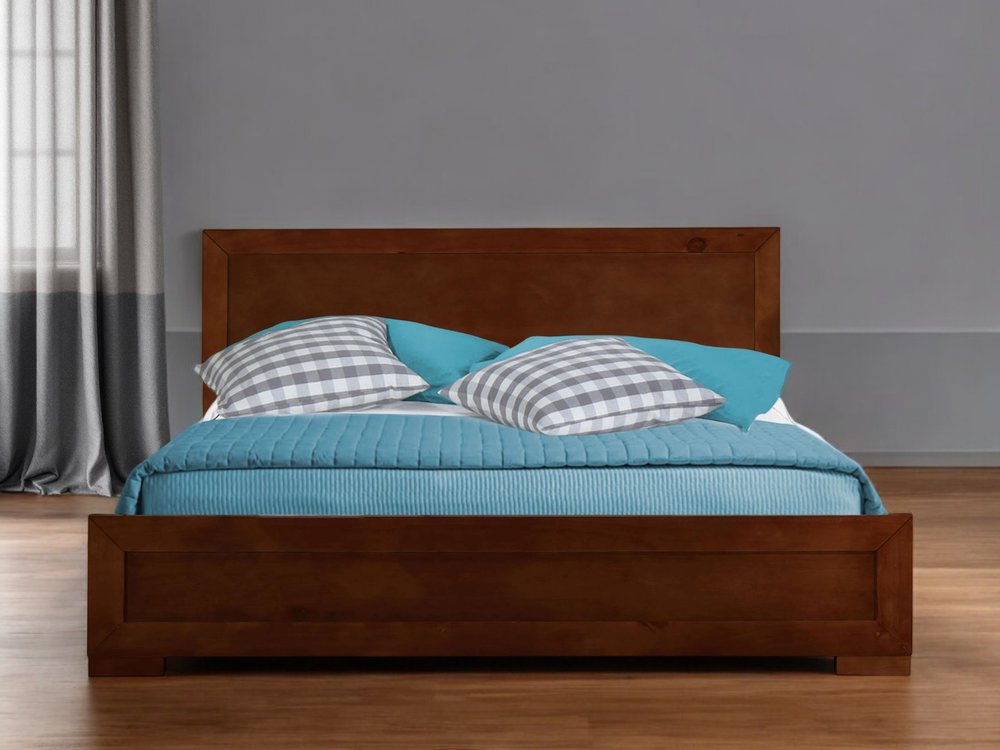 Brown Inlaid Panels Solid Wood Queen Bed Frame