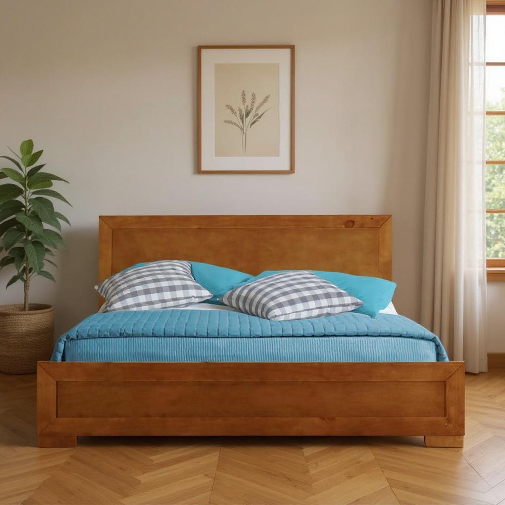 Brown Inlaid Panels Solid Wood Queen Bed Frame