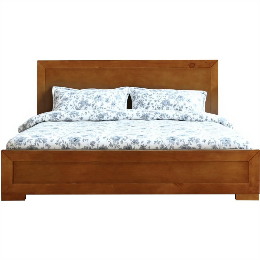 Brown Inlaid Panels Solid Wood Queen Bed Frame