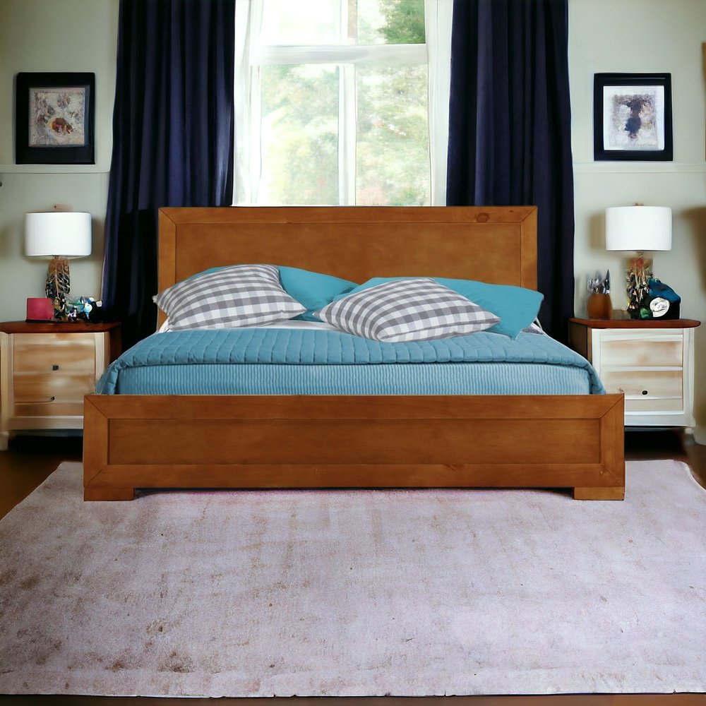 Brown Inlaid Panels Solid Wood Queen Bed Frame