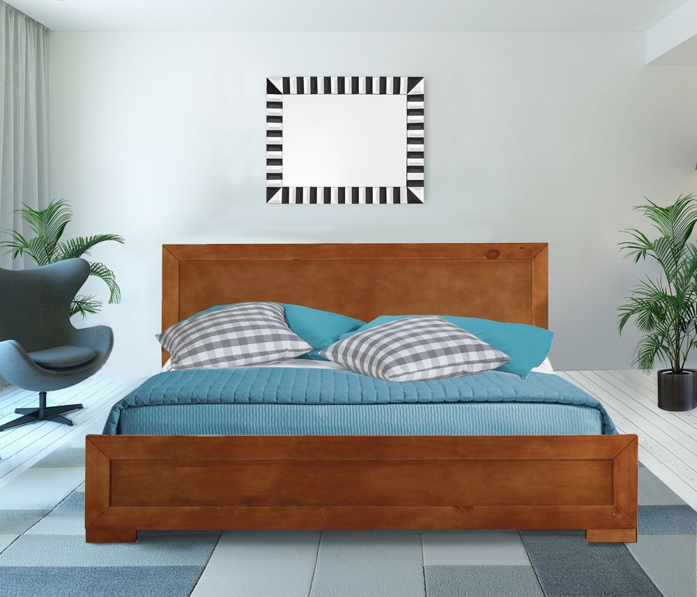 Brown Inlaid Panels Solid Wood Queen Bed Frame