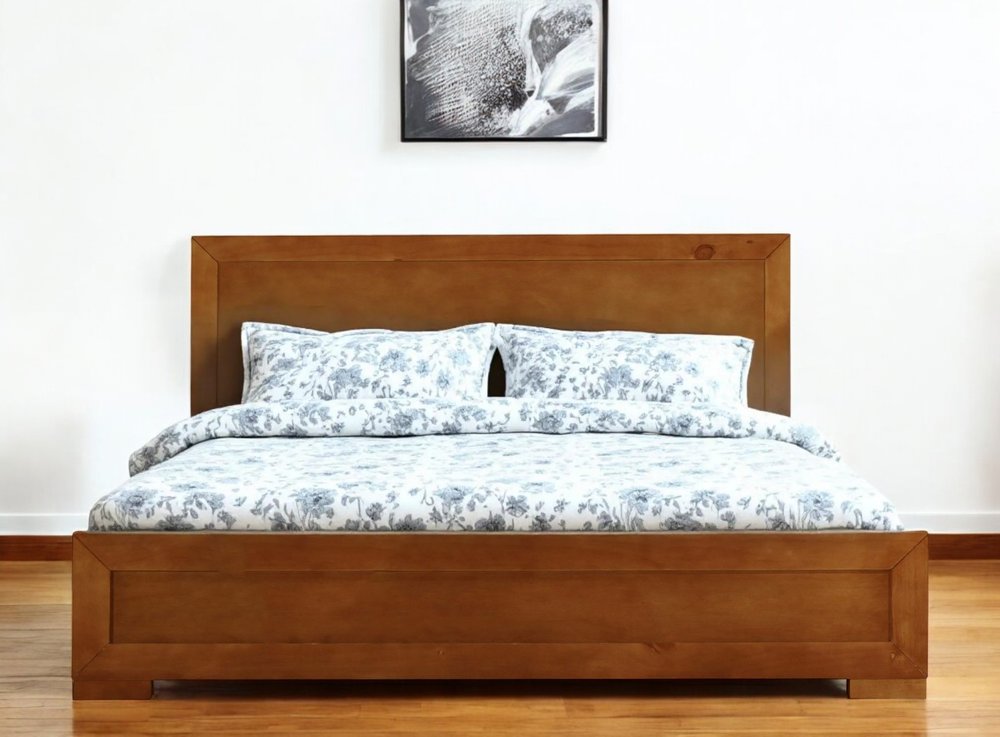 Brown Inlaid Panels Solid Wood Queen Bed Frame