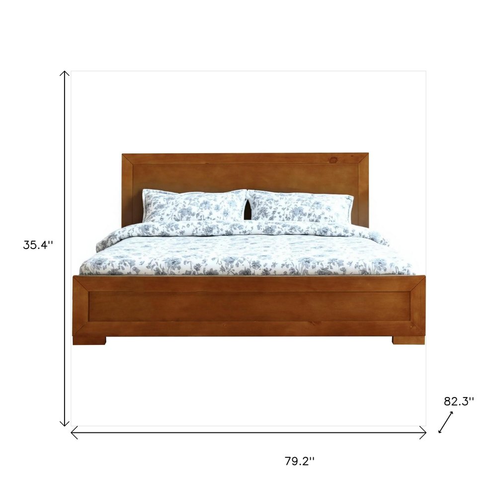 Brown Inlaid Panels Solid Wood Queen Bed Frame