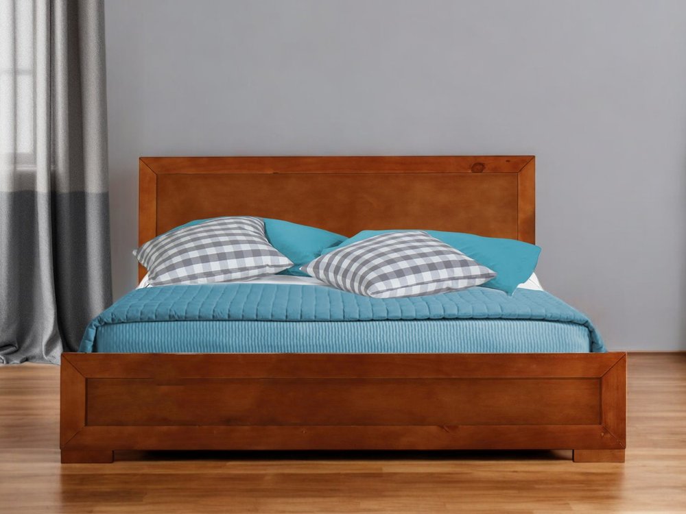 Brown Inlaid Panels Solid Wood Queen Bed Frame
