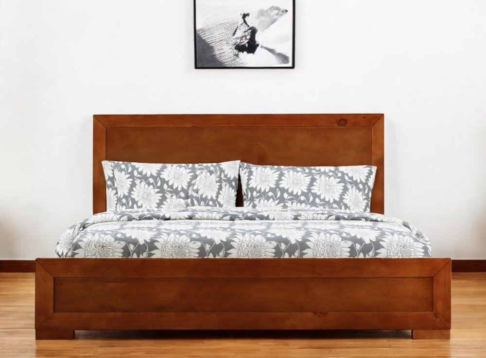 Brown Inlaid Panels Solid Wood Queen Bed Frame