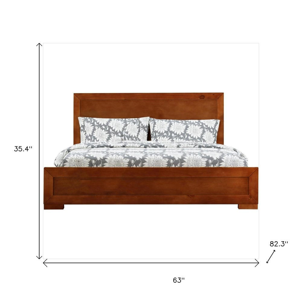 Brown Inlaid Panels Solid Wood Queen Bed Frame