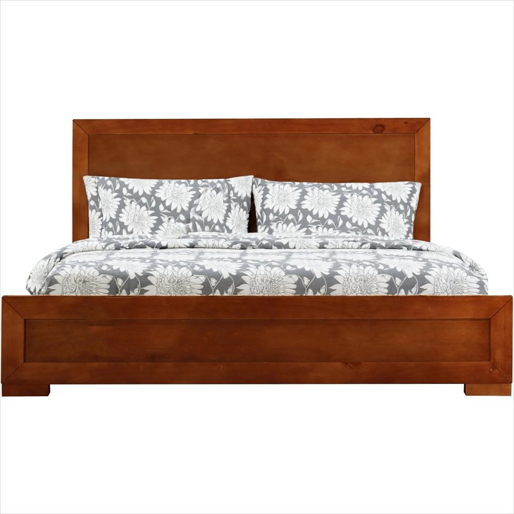 Brown Inlaid Panels Solid Wood Queen Bed Frame