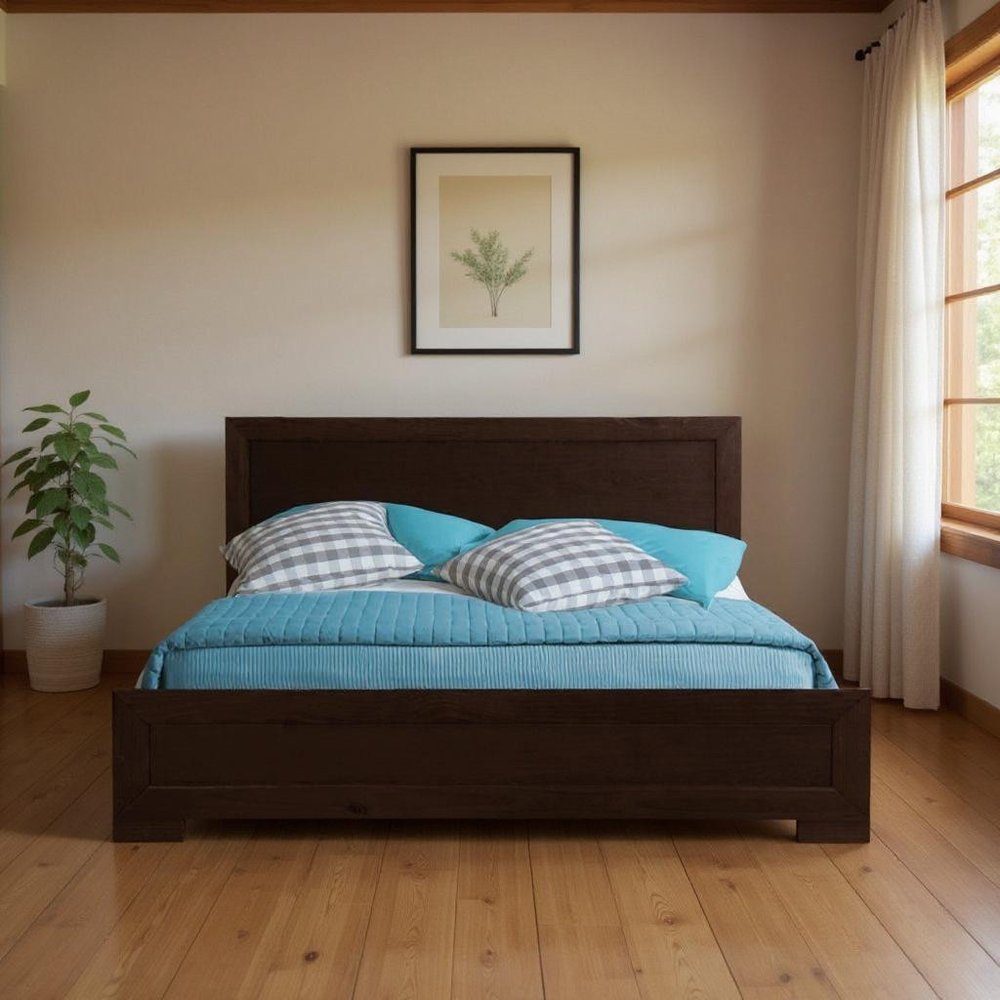 Brown Inlaid Panels Solid Wood Queen Bed Frame