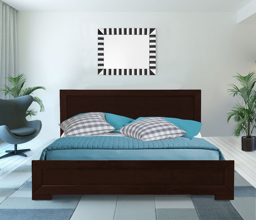 Brown Inlaid Panels Solid Wood Queen Bed Frame