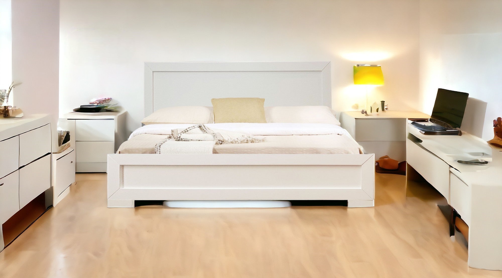 White Solid and Manufactured Wood Queen Bed Frame