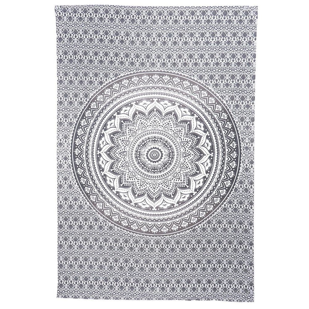 80" X 56" Gray And White Mandala Cotton Hanging Tapestry
