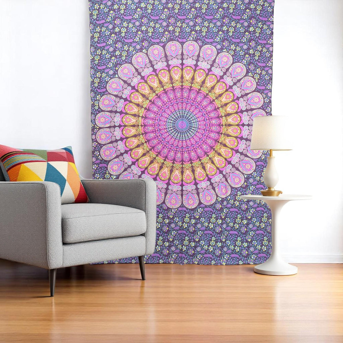 80" X 56" Purple Pink And Yellow Mandala Cotton Hanging Tapestry