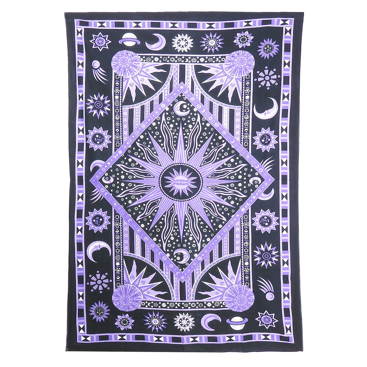 80" X 56" Purple Black And White Mandala Cotton Hanging Tapestry