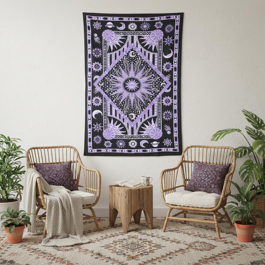 80" X 56" Purple Black And White Mandala Cotton Hanging Tapestry