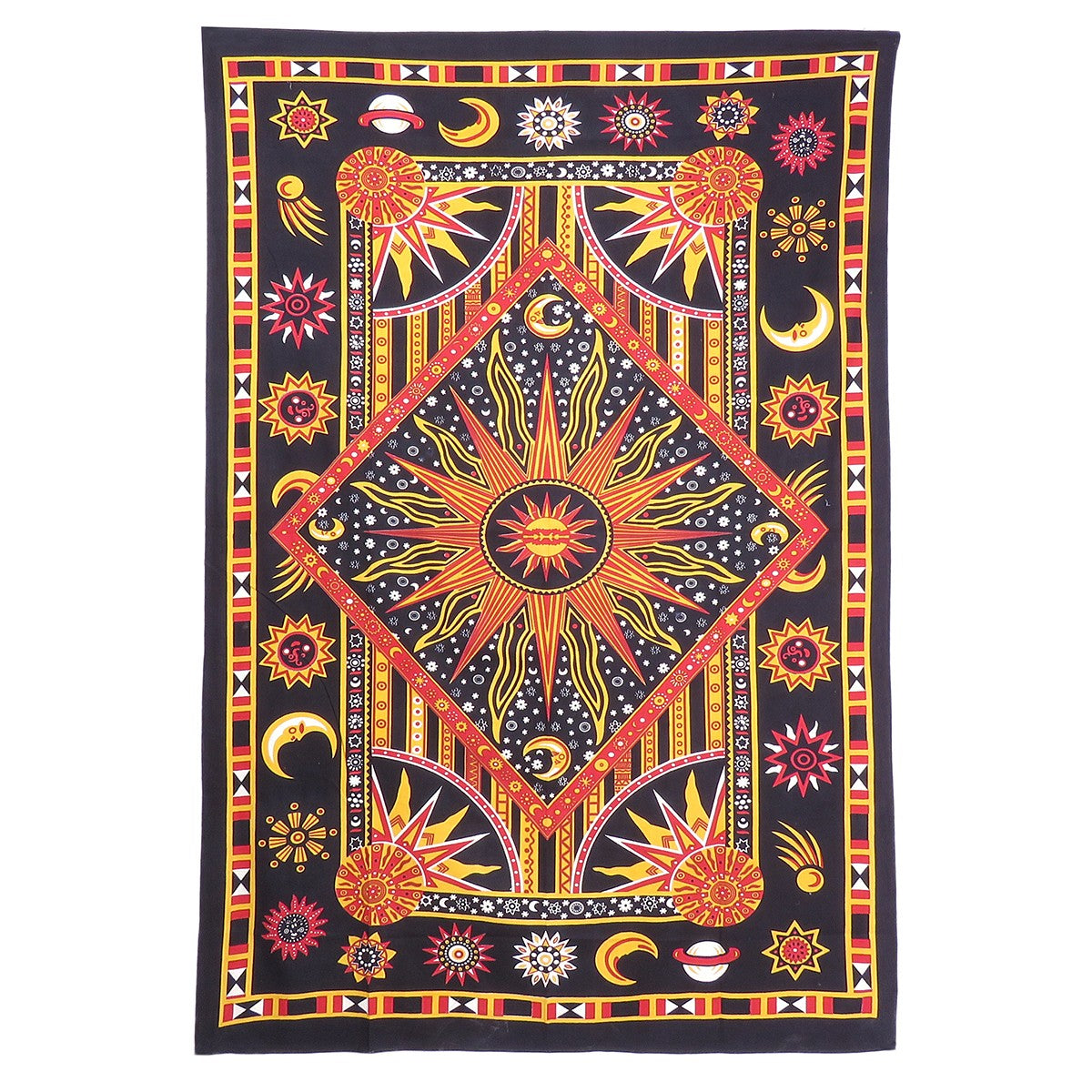 80" X 56" Black Red And Yellow Cotton Star and Sunburst Hanging Tapestry