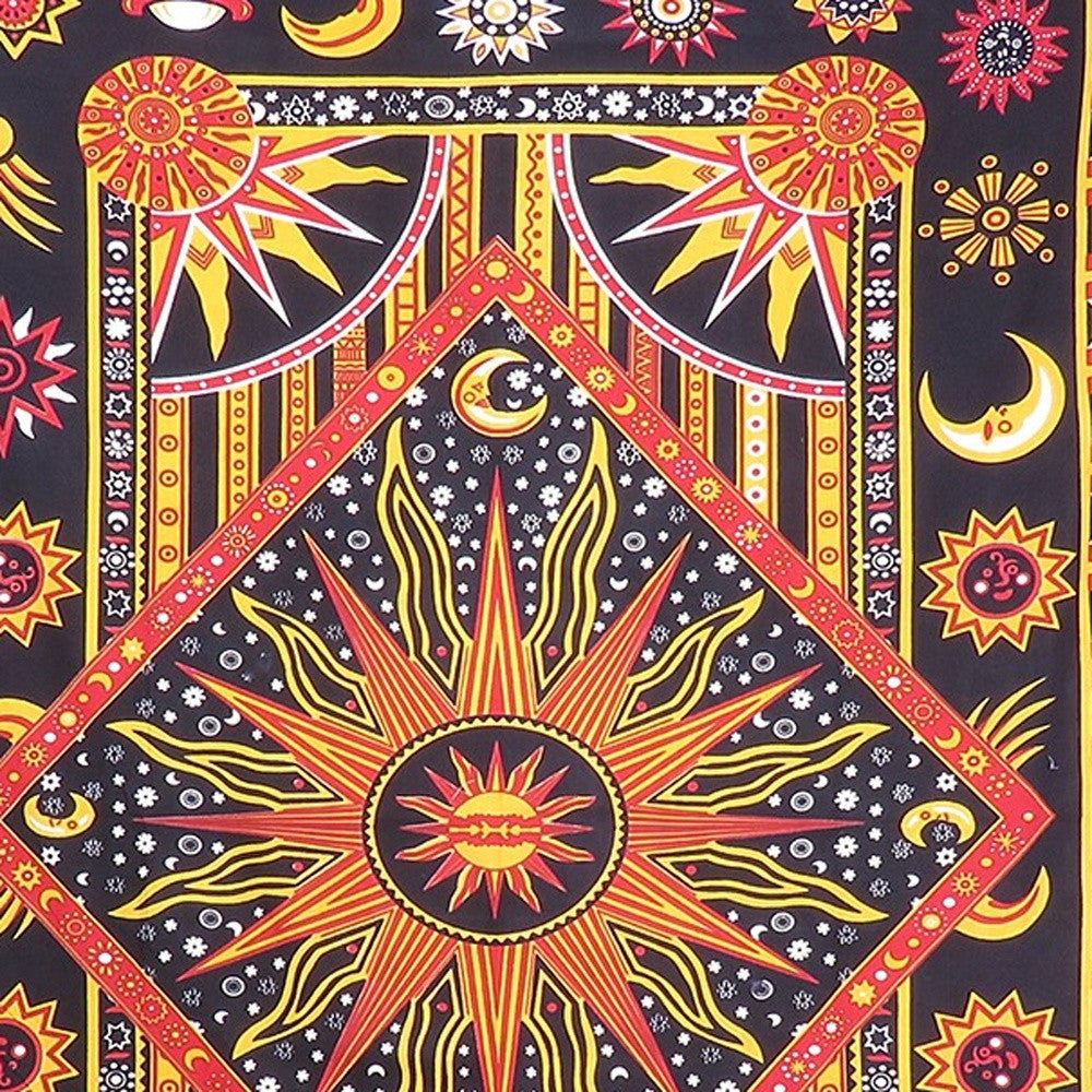 80" X 56" Black Red And Yellow Cotton Star and Sunburst Hanging Tapestry