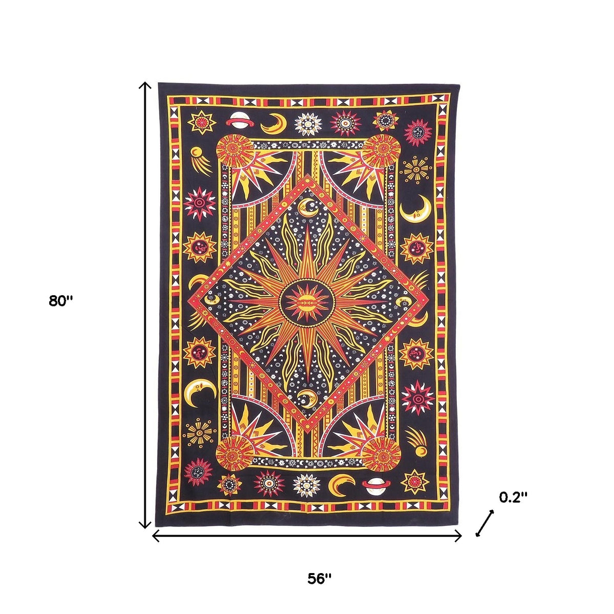 80" X 56" Black Red And Yellow Cotton Star and Sunburst Hanging Tapestry