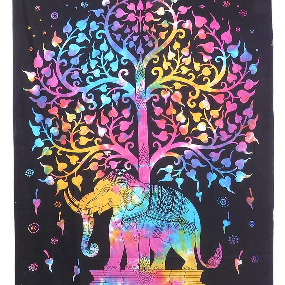80" X 56" Black Pink And Yellow Elephant Mandala Cotton Hanging Tapestry