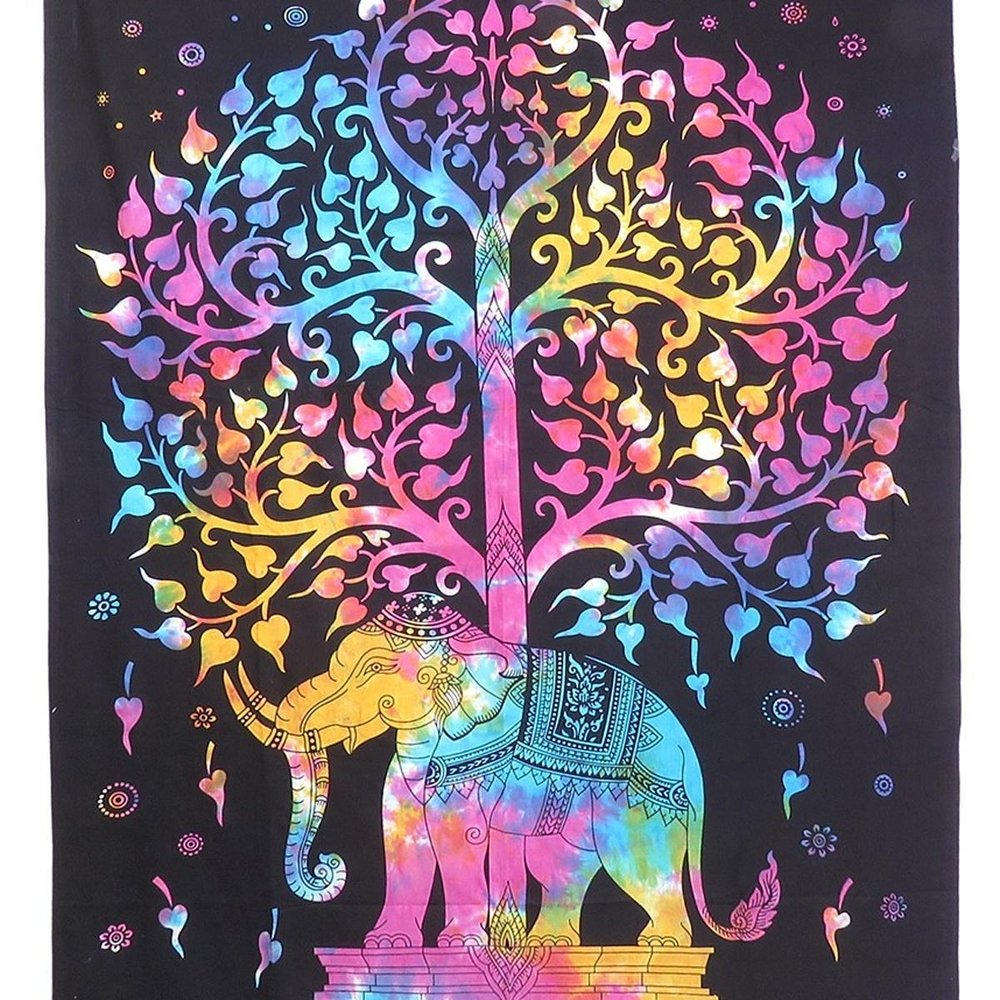 80" X 56" Black Pink And Yellow Elephant Mandala Cotton Hanging Tapestry
