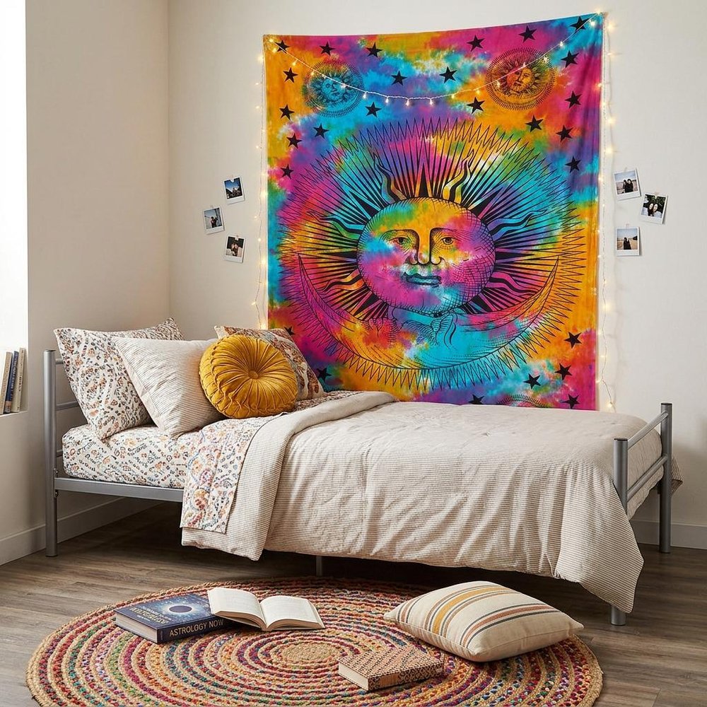80" X 56" Blue Pink And Yellow Cotton Hanging Tapestry