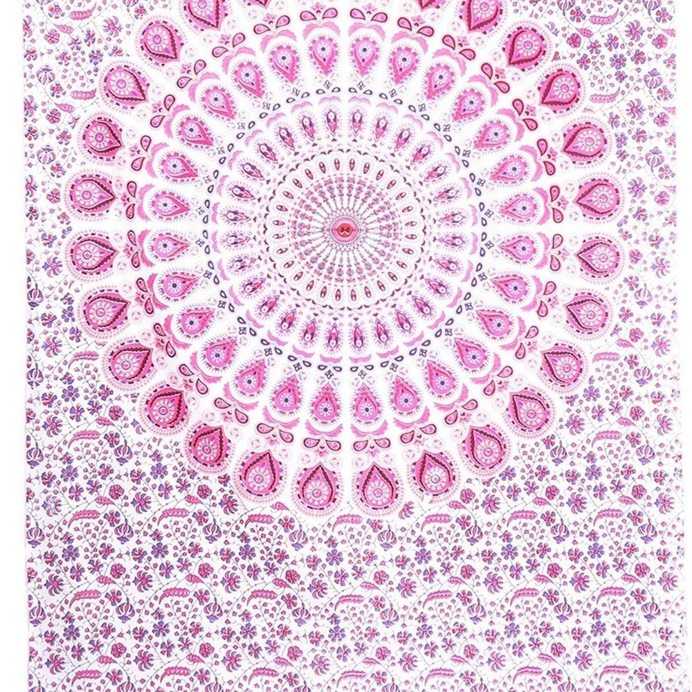 80" X 56" Pink And White Mandala Cotton Hanging Tapestry