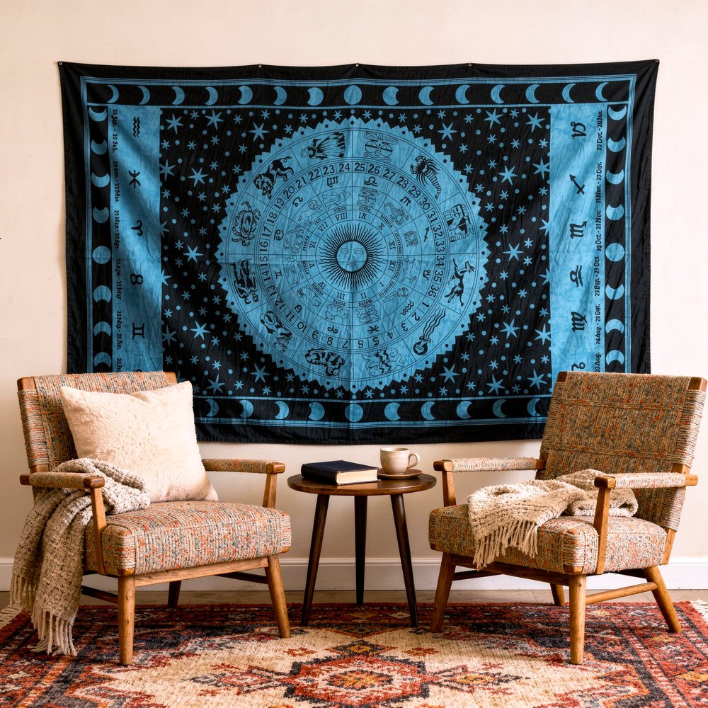 80" X 56" Black And Blue Cotton Hanging Tapestry