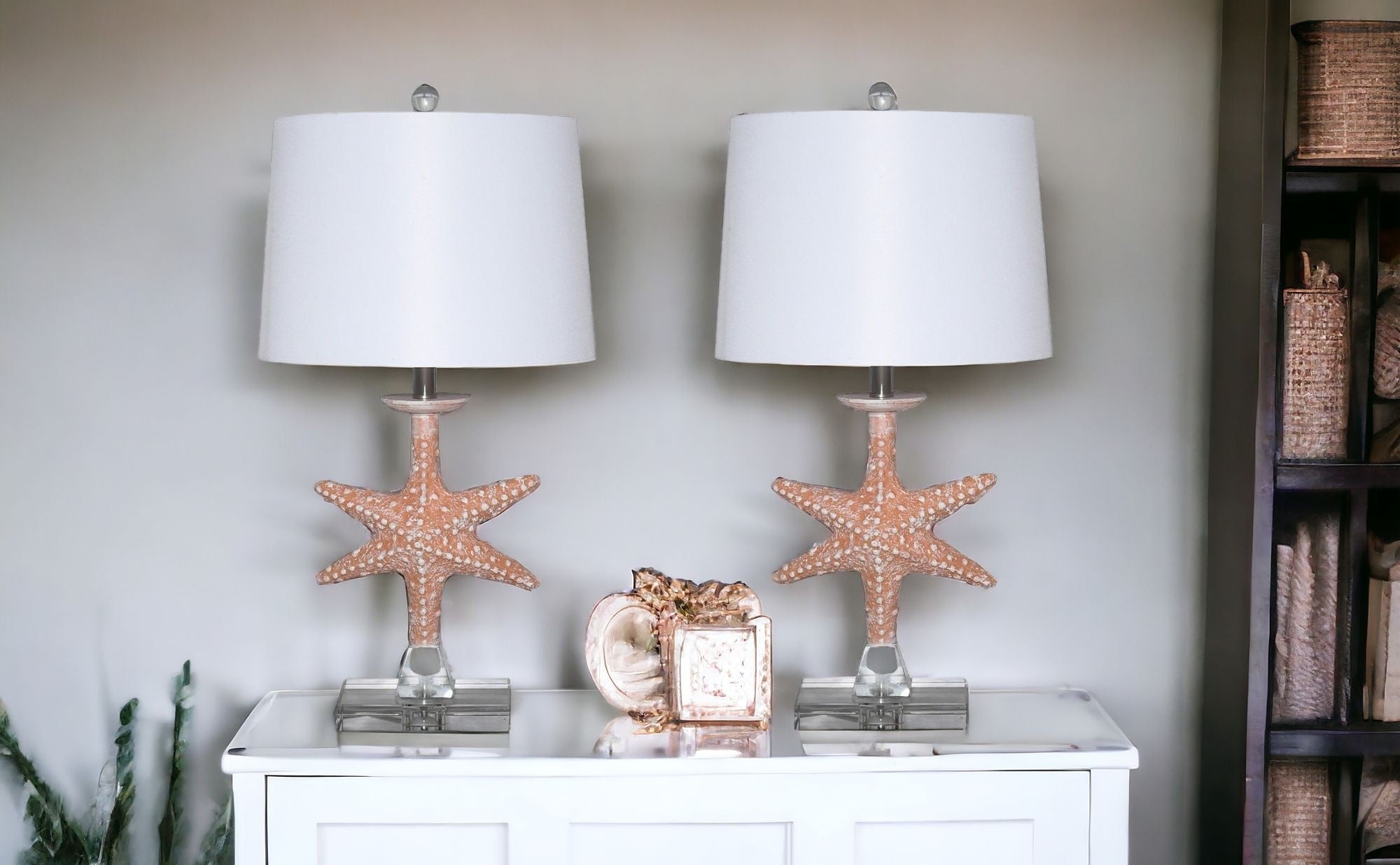 Set of Two Orange Coastal Starfish Table Lamps