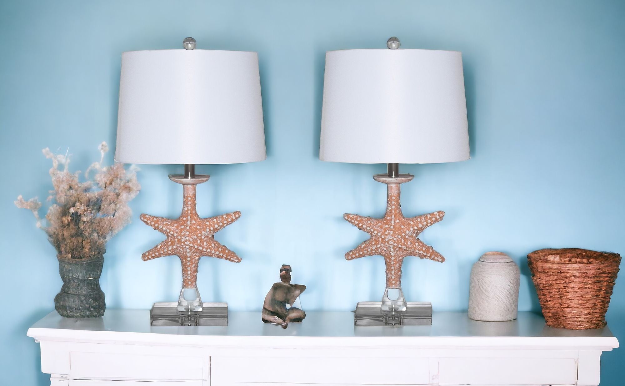 Set of Two Orange Coastal Starfish Table Lamps