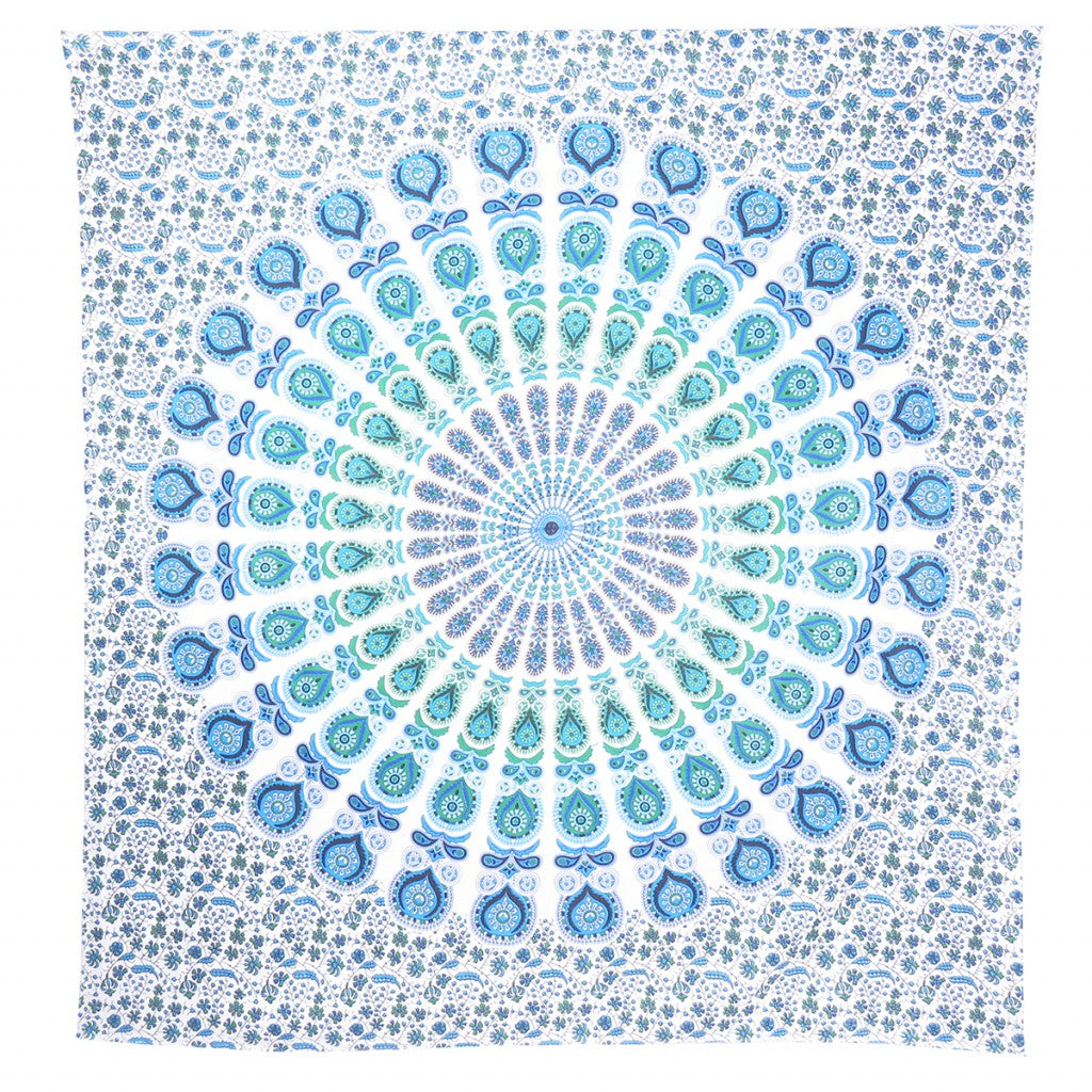 92" X 84" Blue Green And White Mandala Cotton Hanging Tapestry