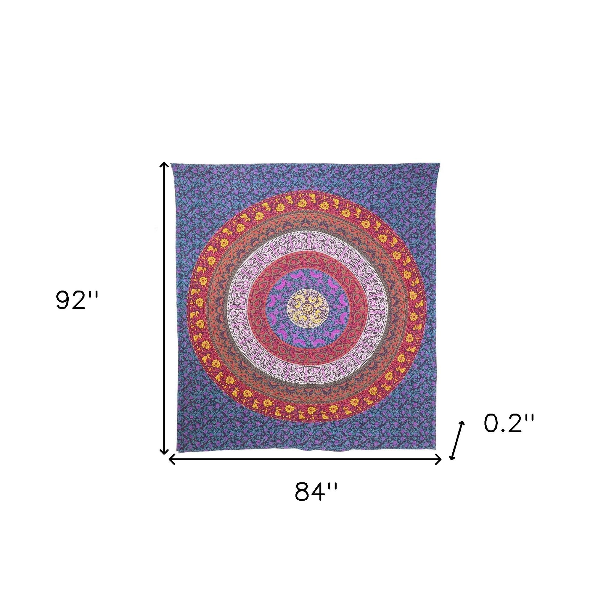 92" X 84" Blue Red And Yellow Mandala Cotton Hanging Tapestry