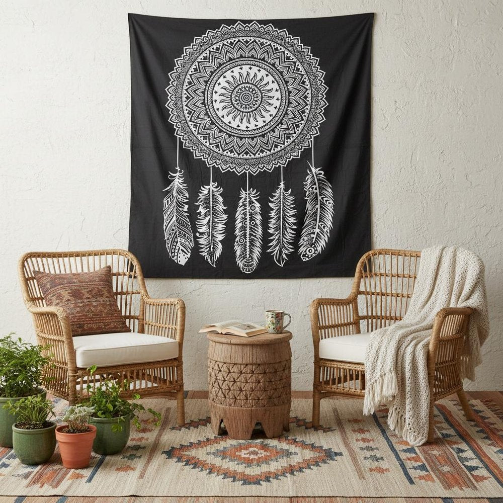 92" X 84" Black And White Abstract Cotton Hanging Tapestry
