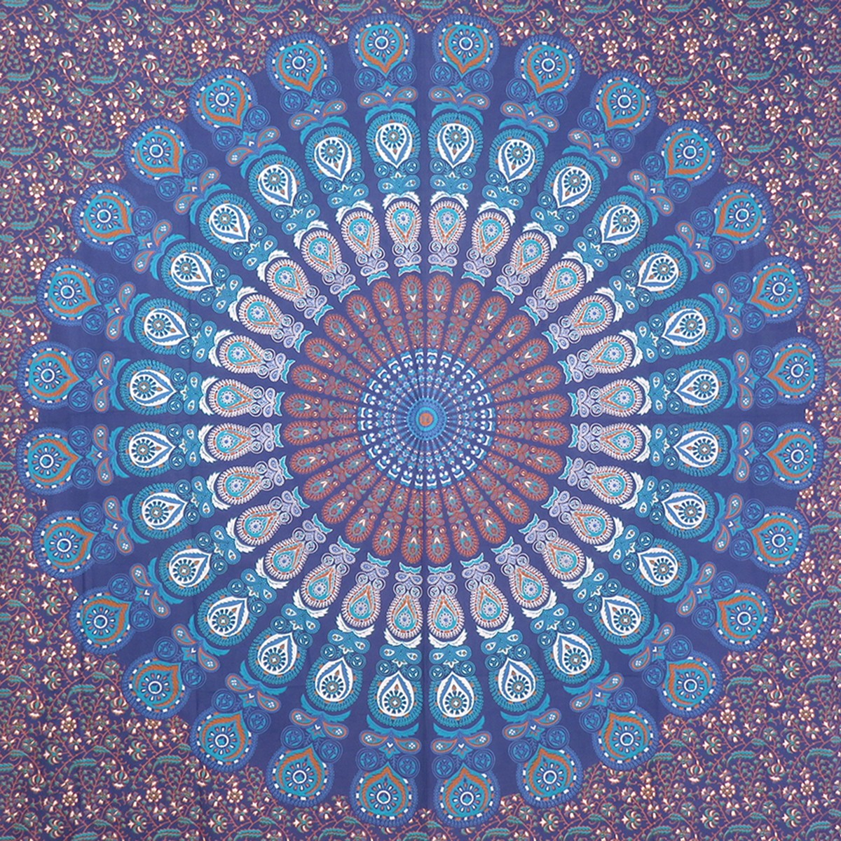 92" X 84" Navy Blue Ivory And Brown Mandala Cotton Hanging Tapestry