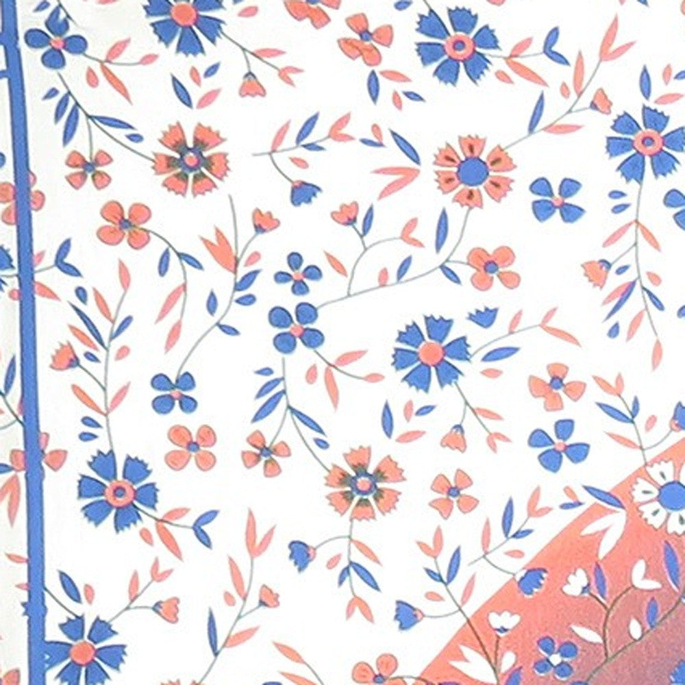 88" X 84" Blue White And Orange Floral Cotton Hanging Tapestry