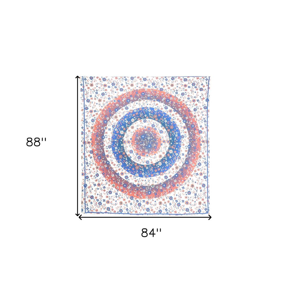 88" X 84" Blue White And Orange Floral Cotton Hanging Tapestry