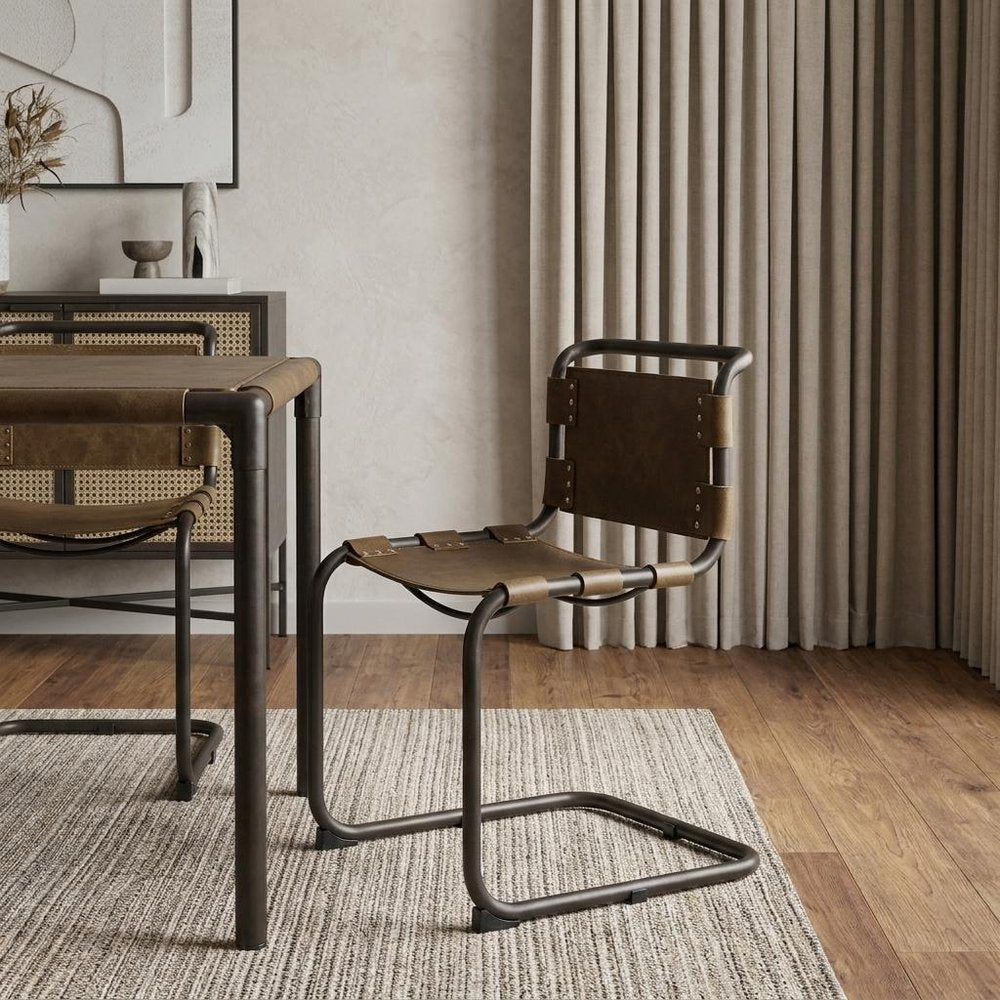 Brown And Black Leather Metal Open Back Dining Side Chair