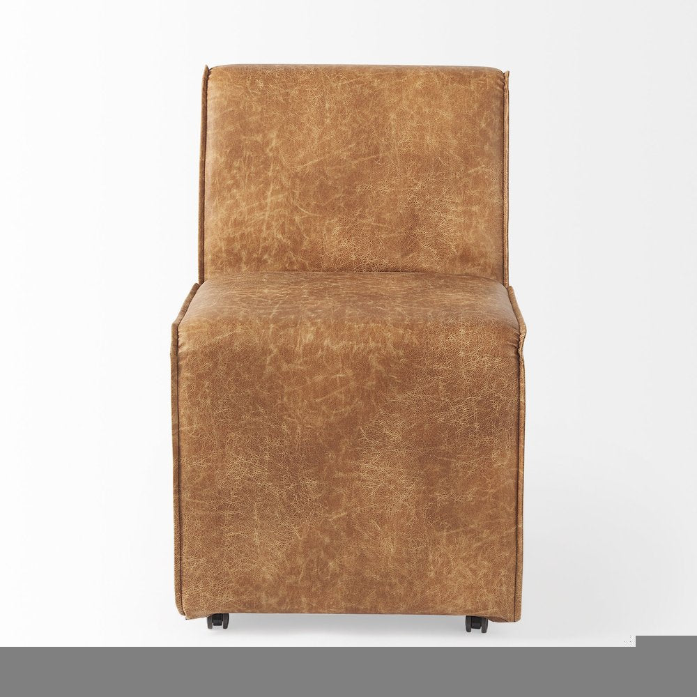 Set of Two Brown Upholstered Faux Leather Dining Side Chairs With Wheels