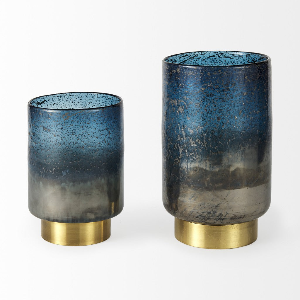 8" Artisan Blue and Gold Metallic Flat Bottom Vase