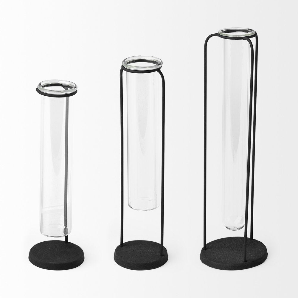 Set of Three Black Abstract Cylinder Metal Table Vase