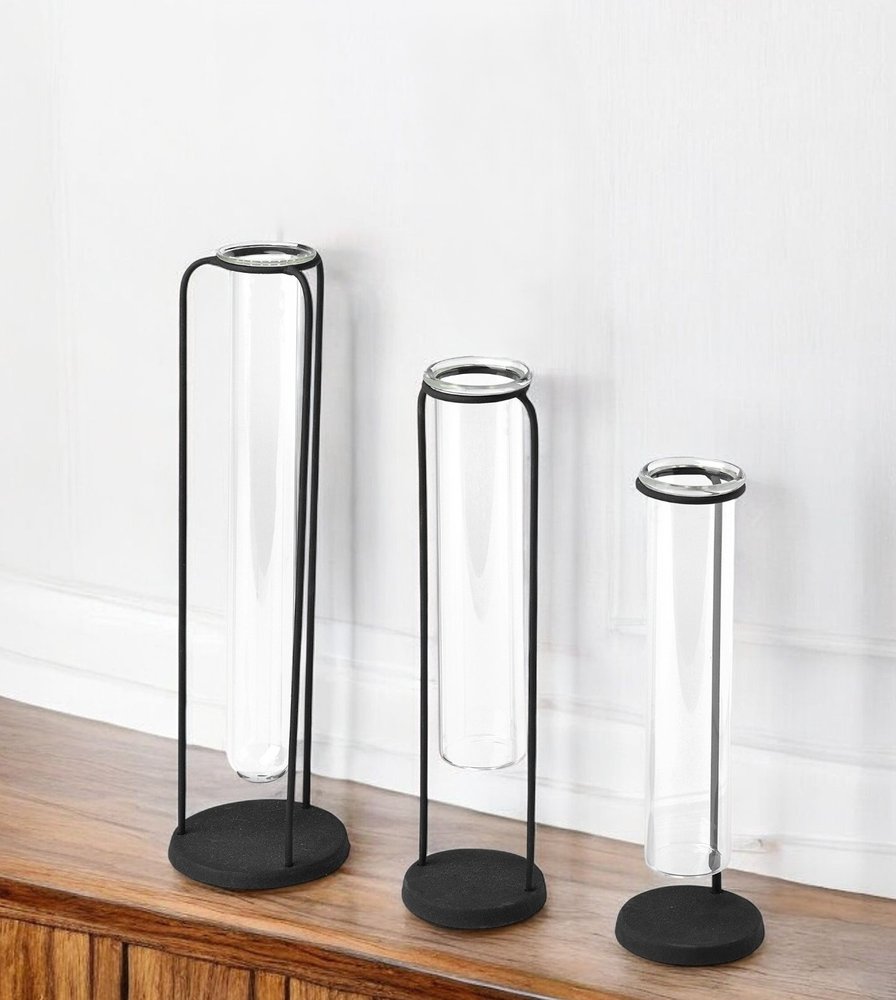 Set of Three Black Abstract Cylinder Metal Table Vase