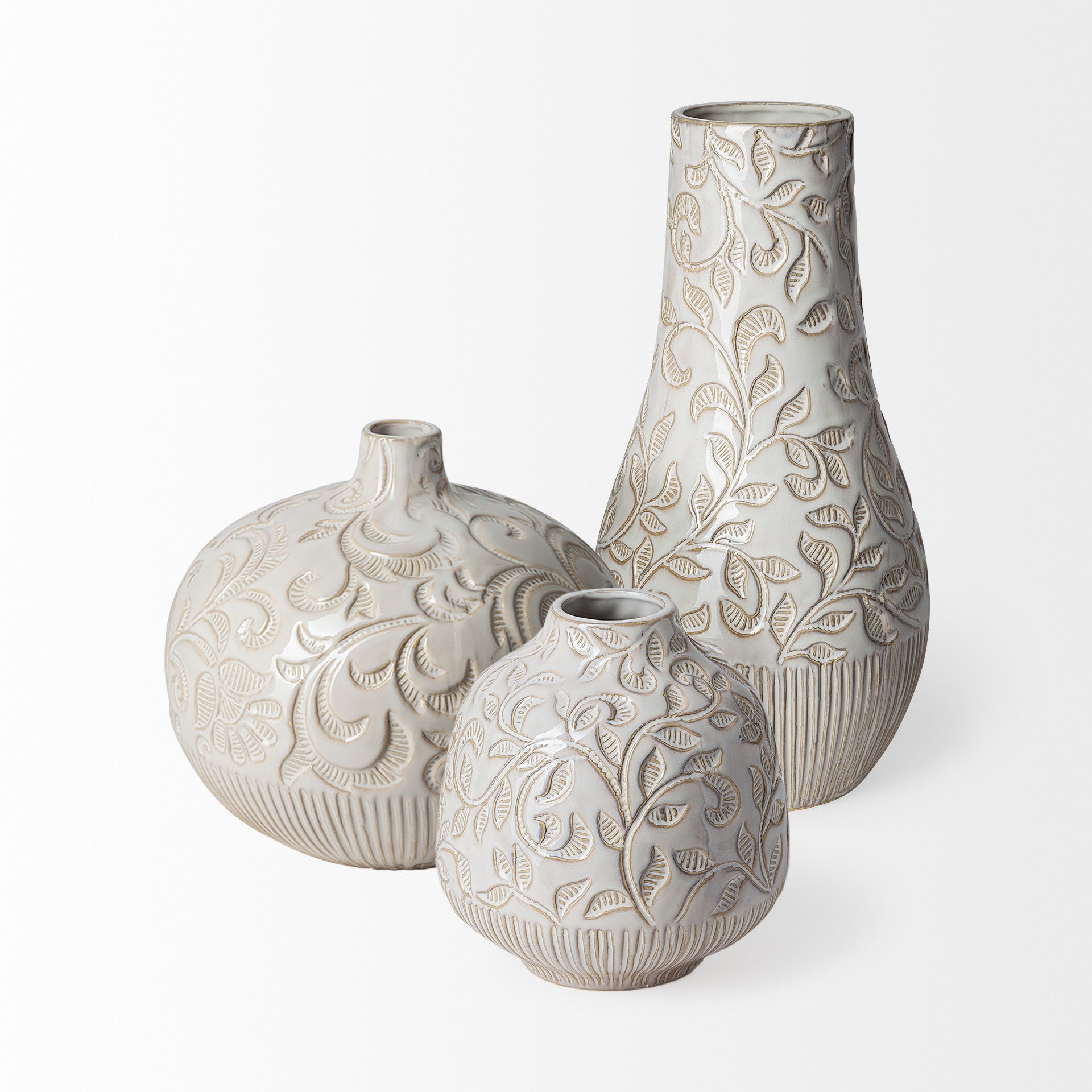 8" Carved White Ceramic Vase