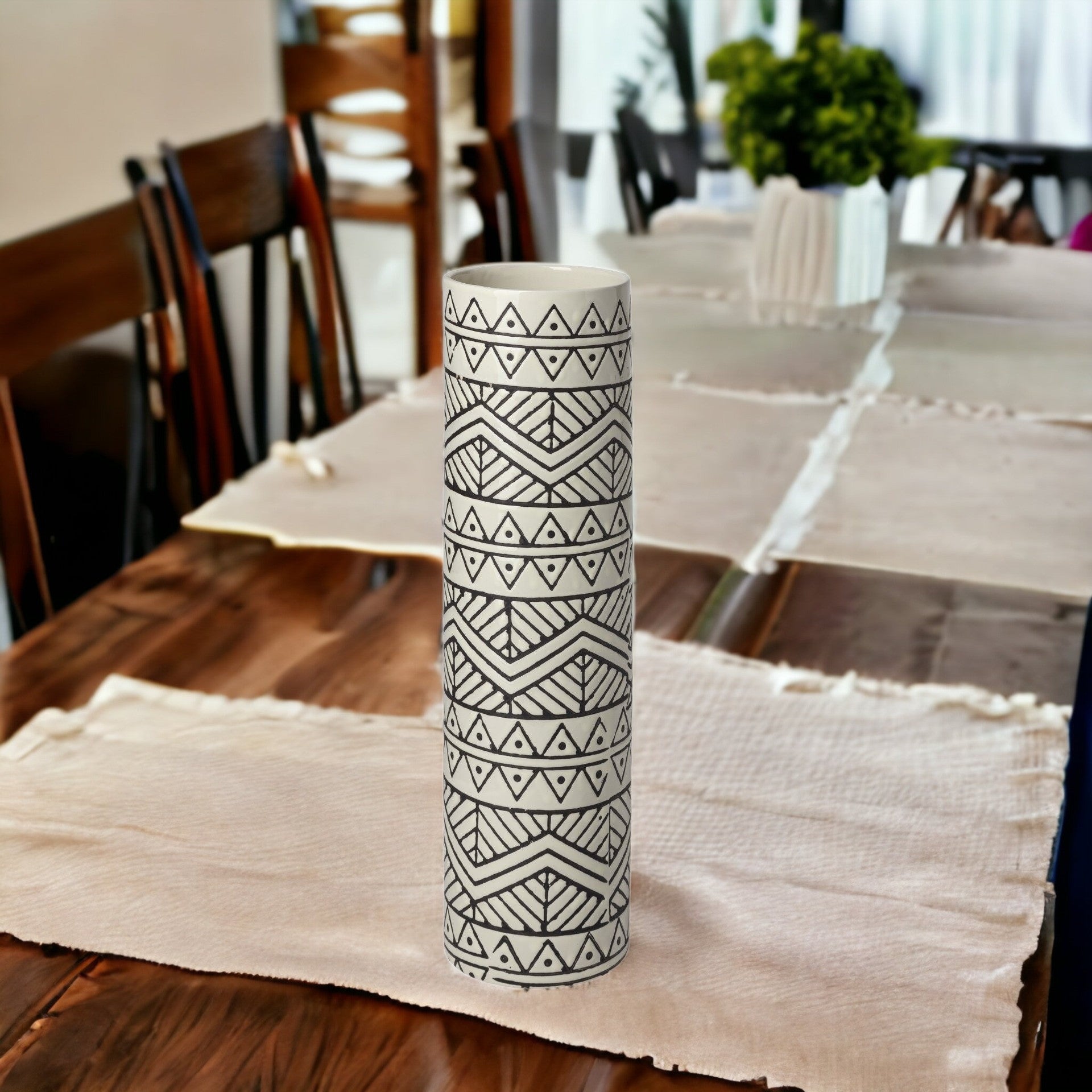 14" Ceramic Cream Geometric Cylinder Table Vase
