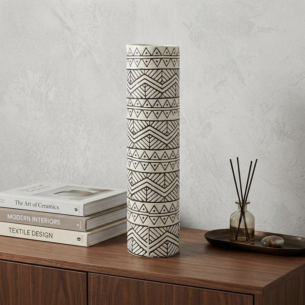17" Cream and Charcoal Geometric Cylinder Ceramic Vase